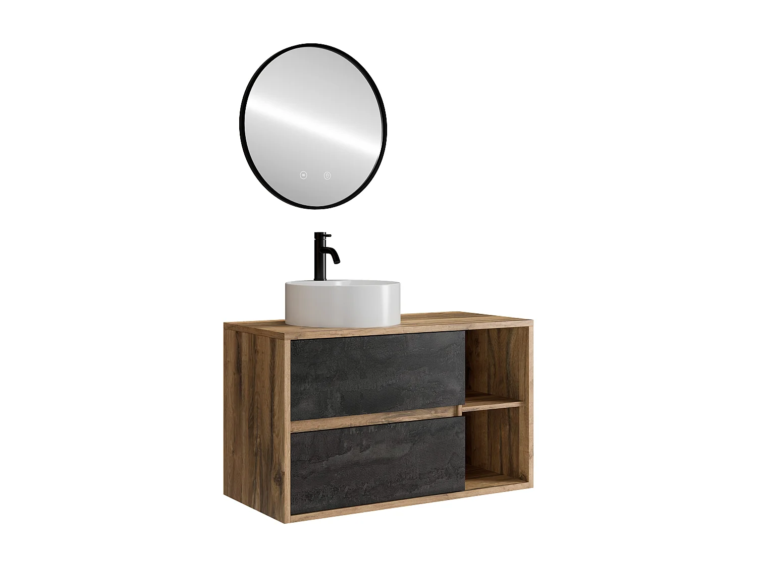 Meuble de salle de bain suspendu avec vasque ronde, robinet et miroir  - Coloris naturel et anthracite - 100 cm - TIKITIKI