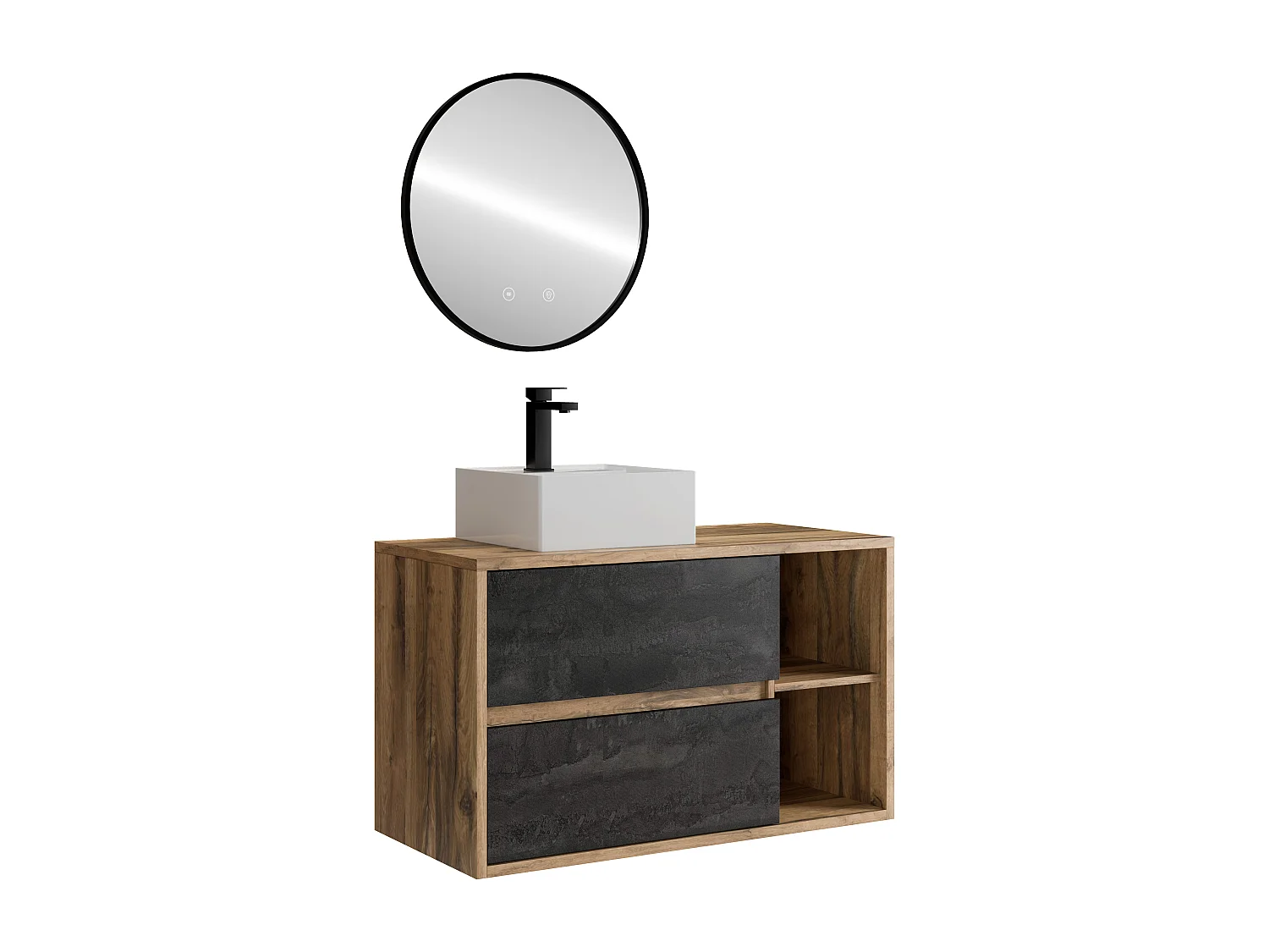 Meuble de salle de bain suspendu avec vasque carrée, robinet et miroir - Coloris naturel et anthracite - 100 cm - TIKITIKI