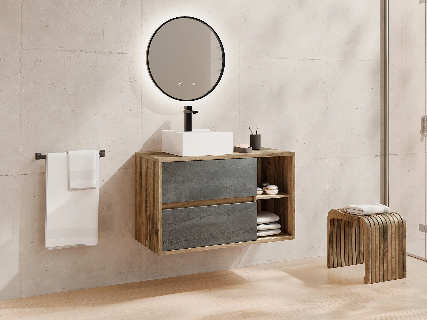 Meuble de salle de bain suspendu avec vasque carrée, robinet et miroir - Coloris naturel et anthracite - 100 cm - TIKITIKI
