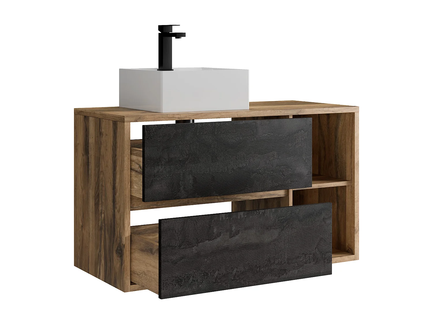 Meuble de salle de bain suspendu avec vasque carrée, robinet et miroir - Coloris naturel et anthracite - 100 cm - TIKITIKI