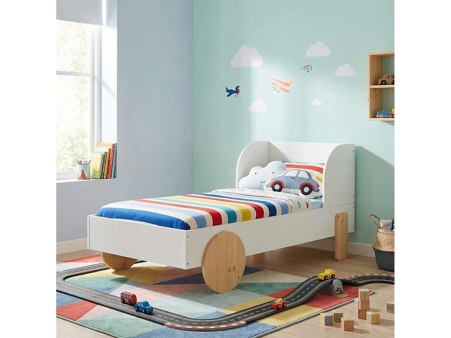 Noa & Nani Jonas Toddler Car Bed in White & Natural Pine
