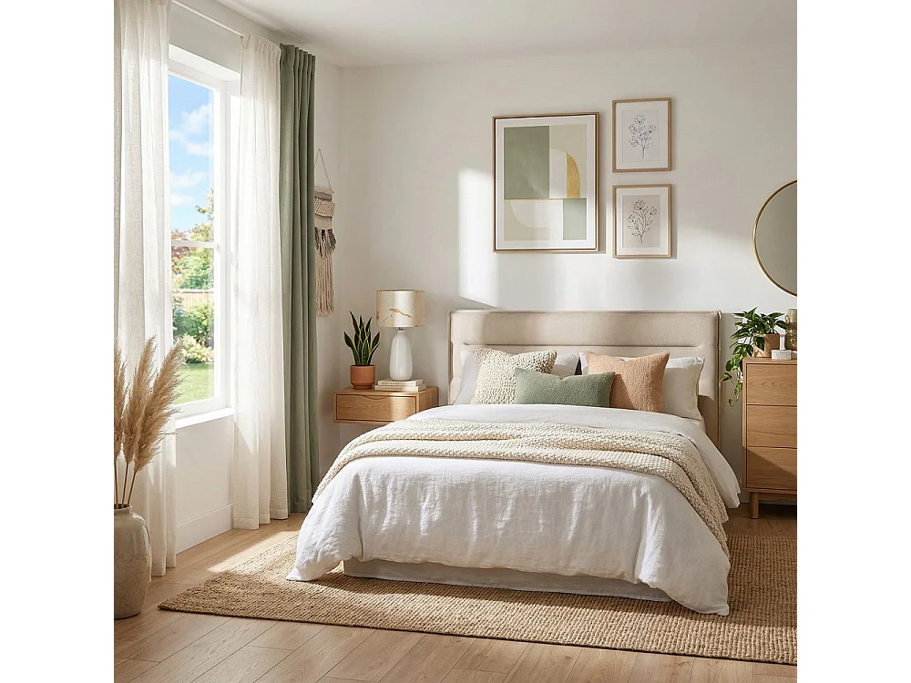 Tête de lit en tissu DAPHNE, compatible avec lits 140 et 160cm, Beige