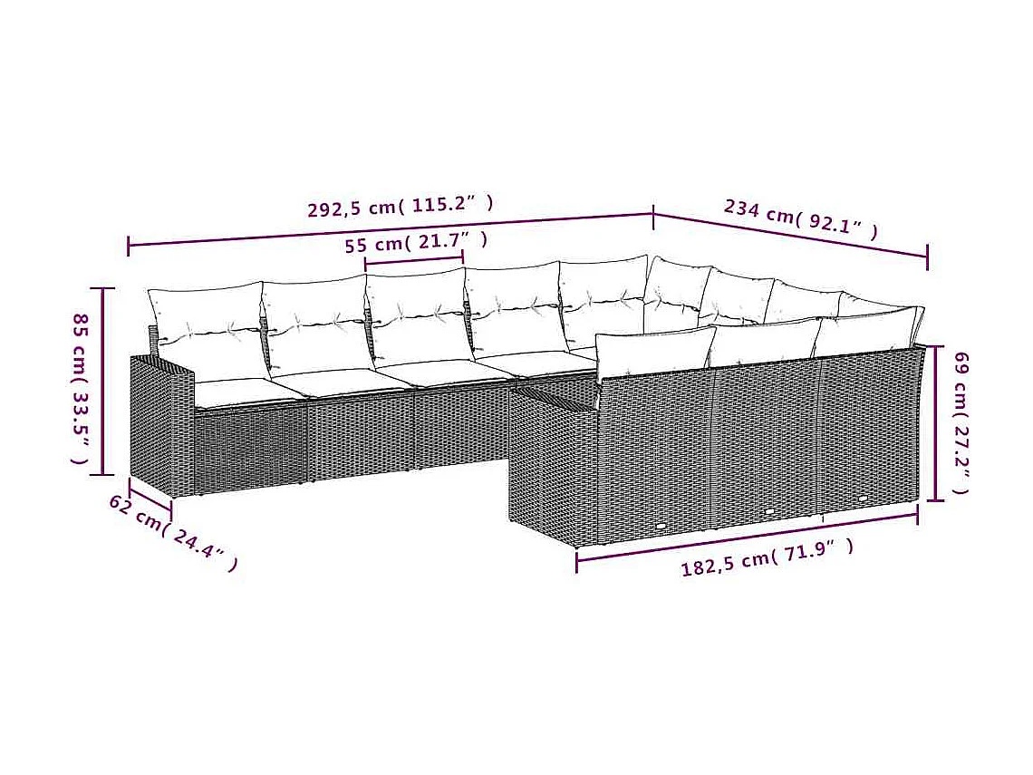 Set de sofás de jardín 10 piezas y cojines ratán sintético marrón