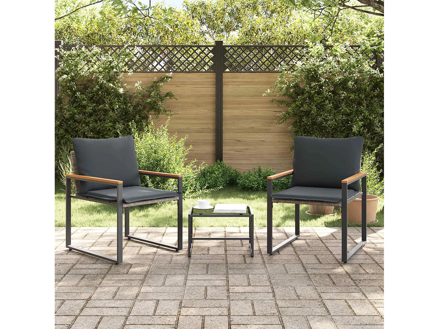 Juegos de muebles con cojín 3 pcs Gris y Gris Oscuro Ratán