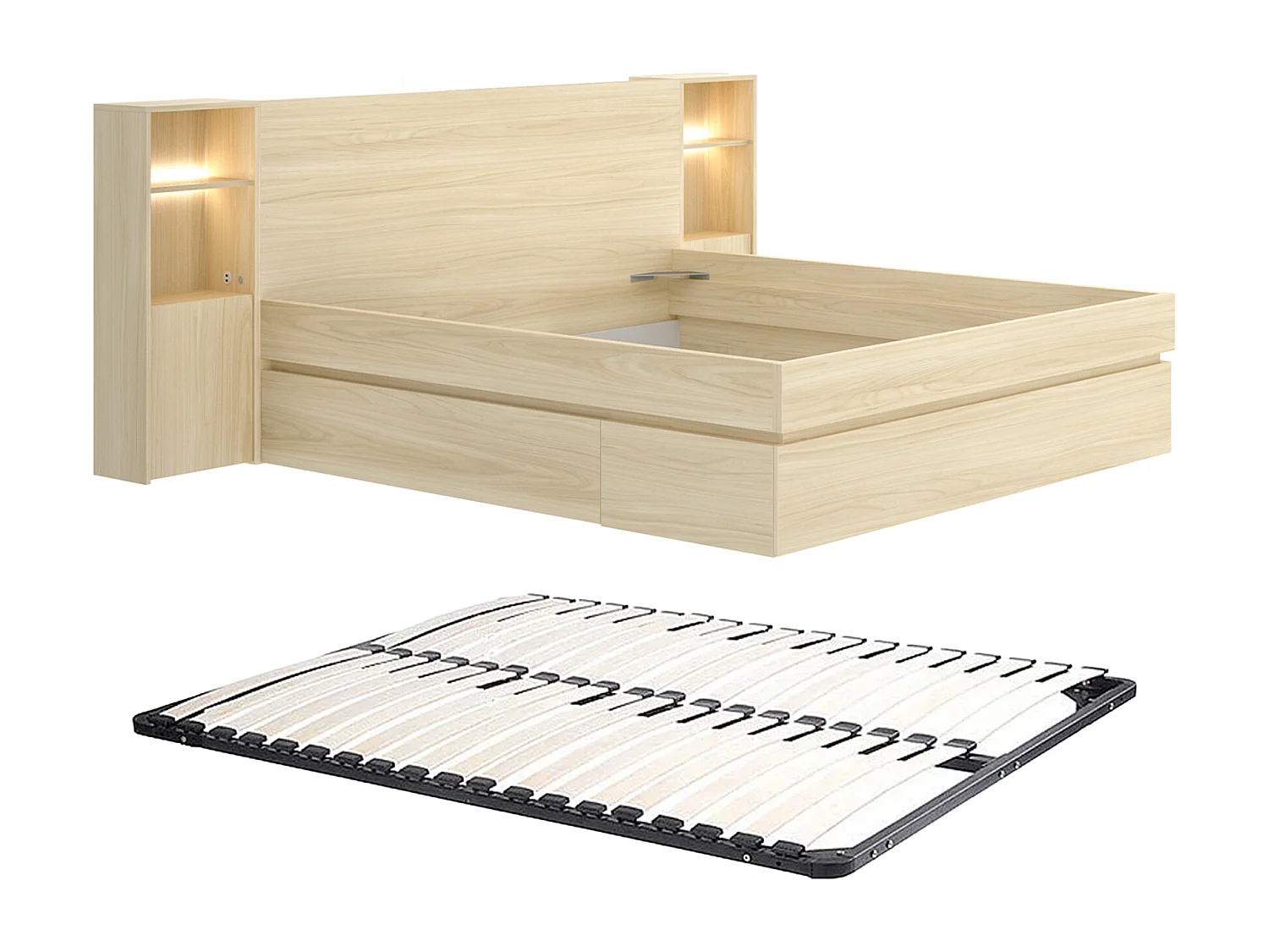 Lit avec chevets et rangements 160 x 200 cm – Avec LEDs et port USB – Coloris : Naturel clair + Sommier - LARONIA