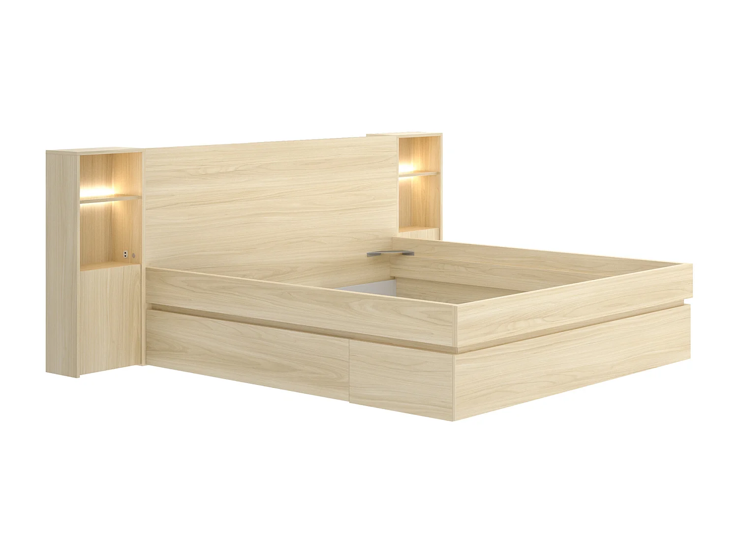 Lit avec chevets et rangements 160 x 200 cm – Avec LEDs et port USB – Coloris : Naturel clair + Sommier - LARONIA