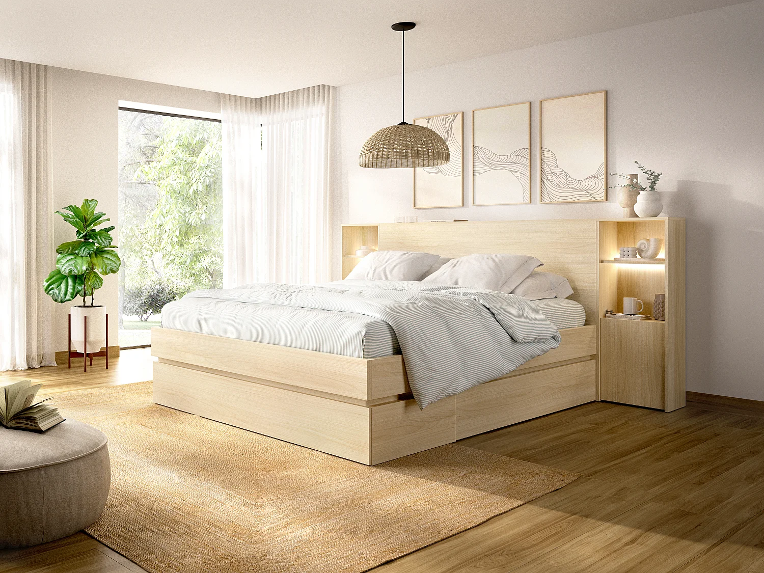 Lit avec chevets et rangements 160 x 200 cm – Avec LEDs et port USB – Coloris : Naturel clair + Sommier + Matelas - LARONIA