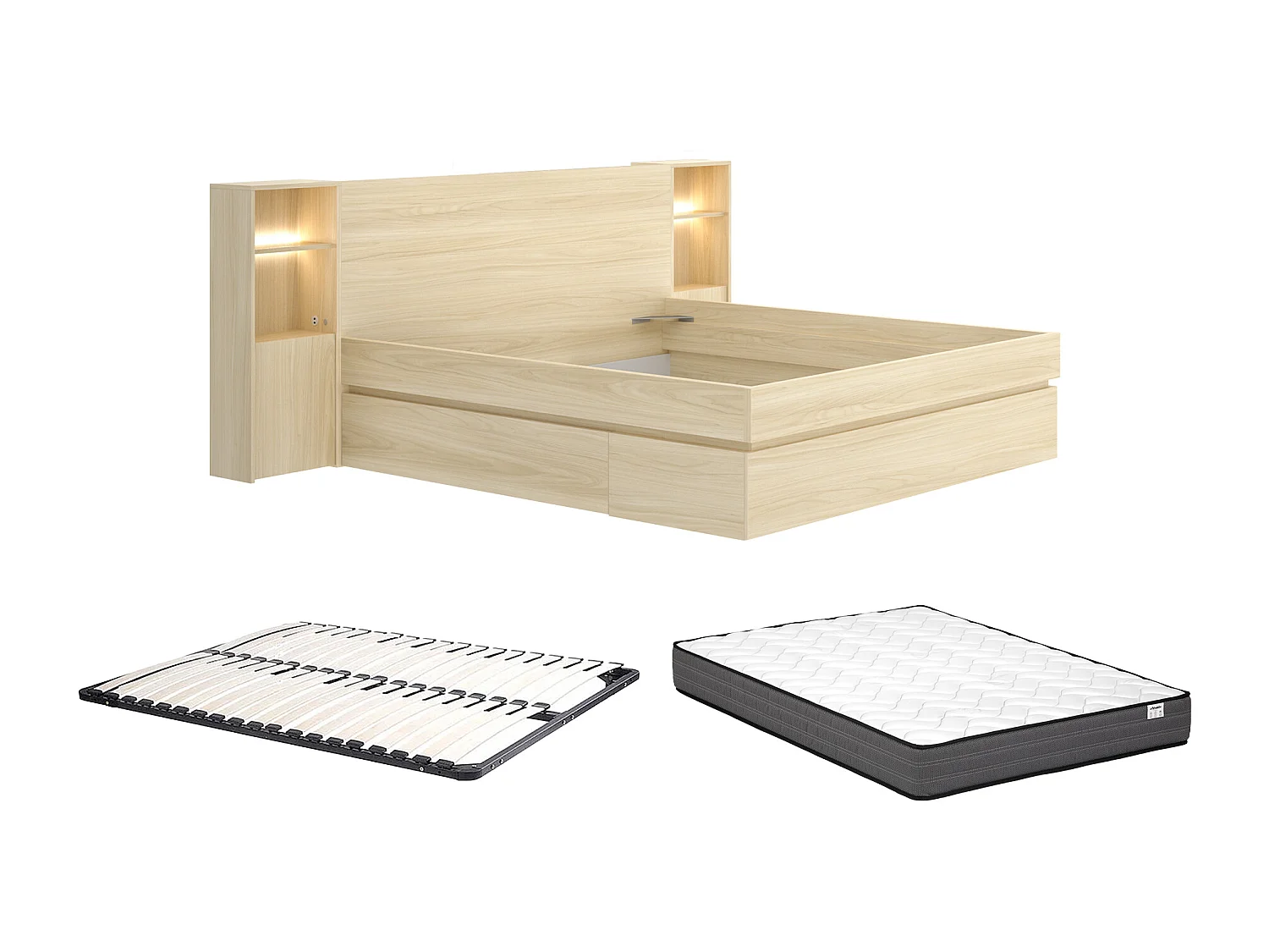 Lit avec chevets et rangements 160 x 200 cm – Avec LEDs et port USB – Coloris : Naturel clair + Sommier + Matelas - LARONIA
