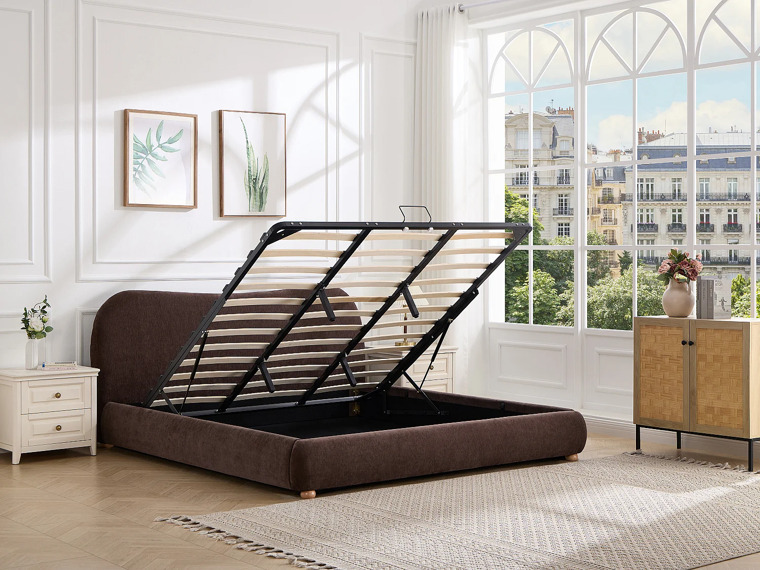 Lit coffre 180 x 200 cm - Tissu chenille - Marron - VANARI