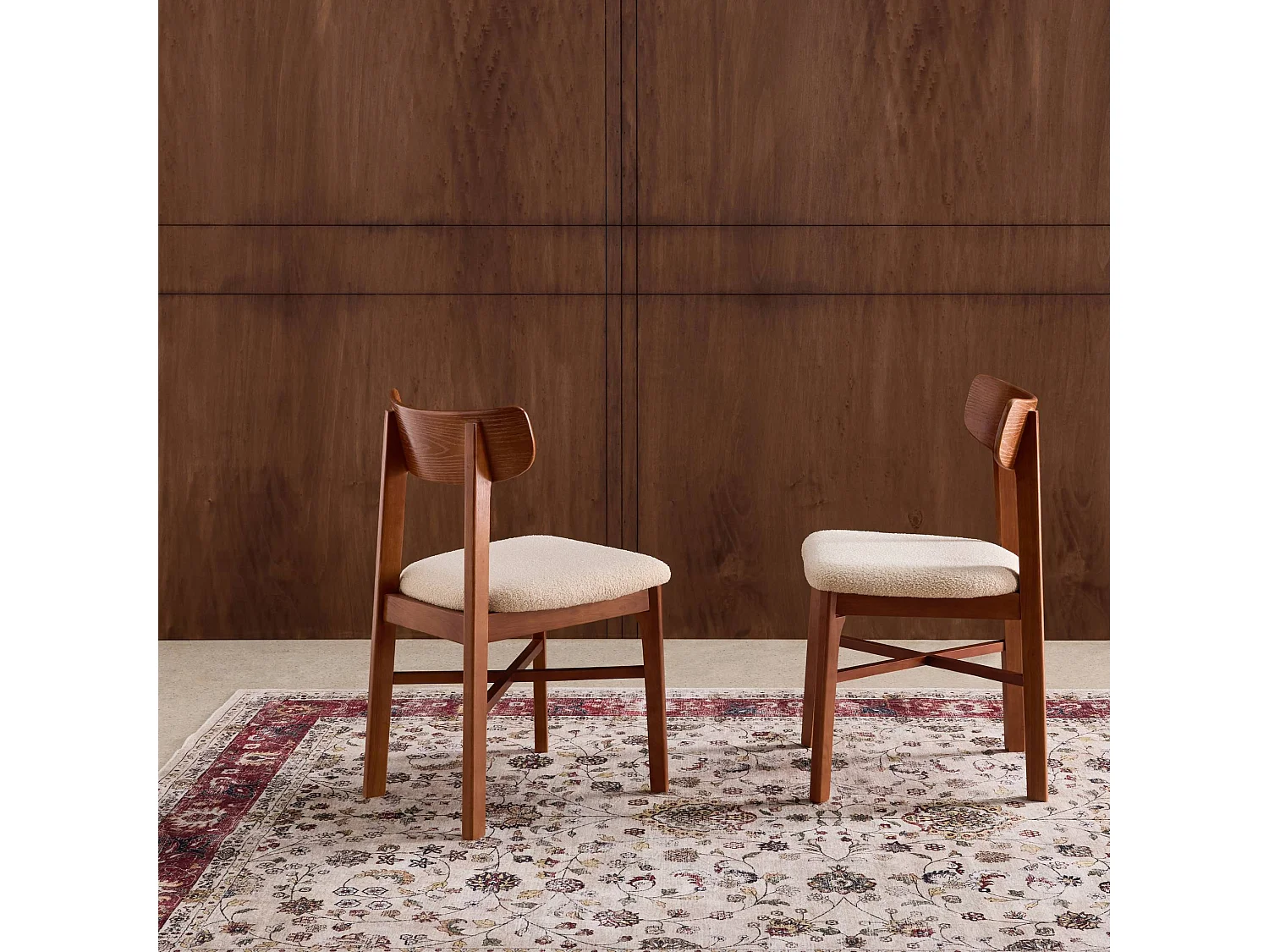 Lot de 2 chaises vintage bois d'hévéa et bouclette noyer - Théa