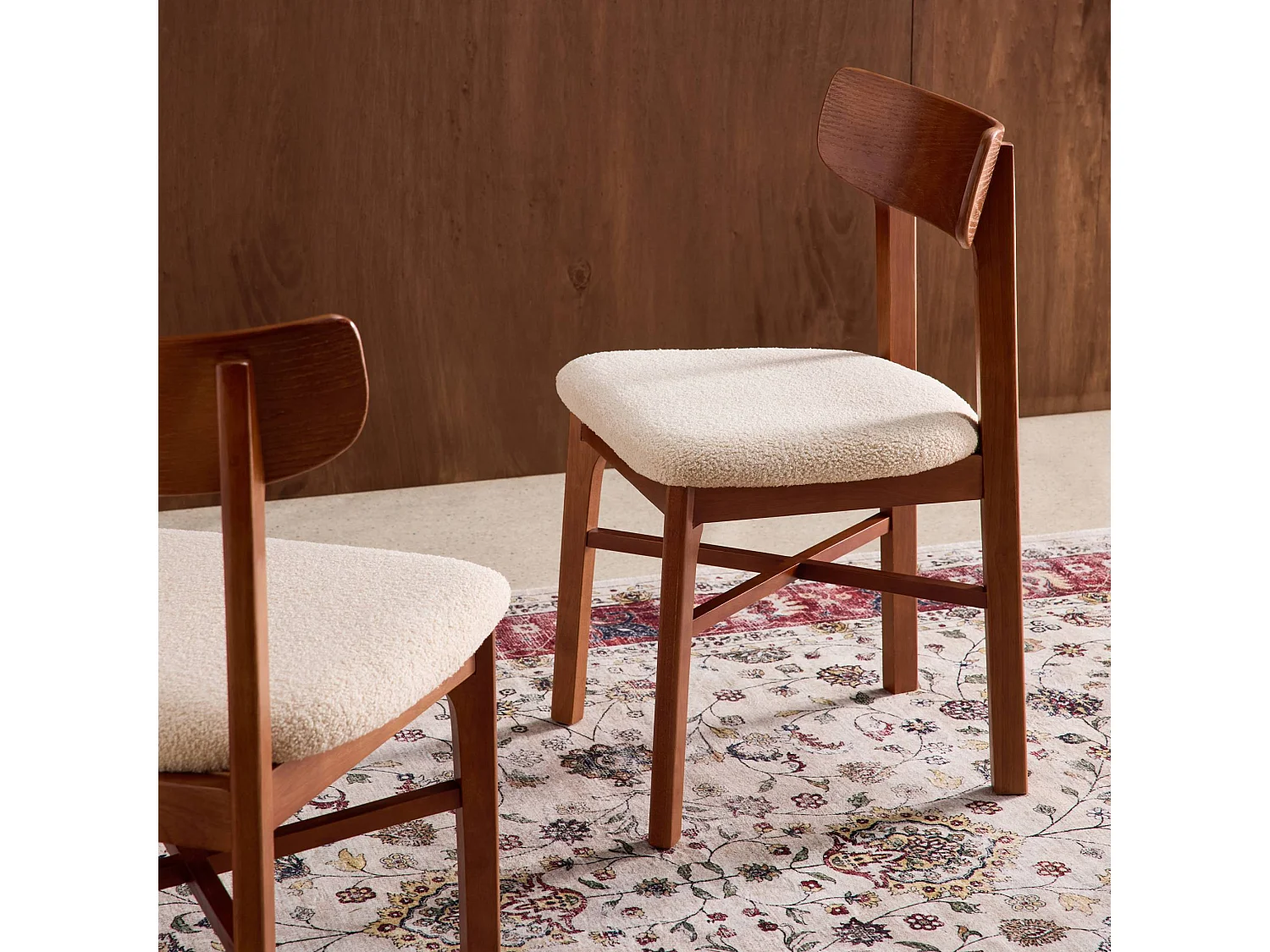Lot de 2 chaises vintage bois d'hévéa et bouclette noyer - Théa