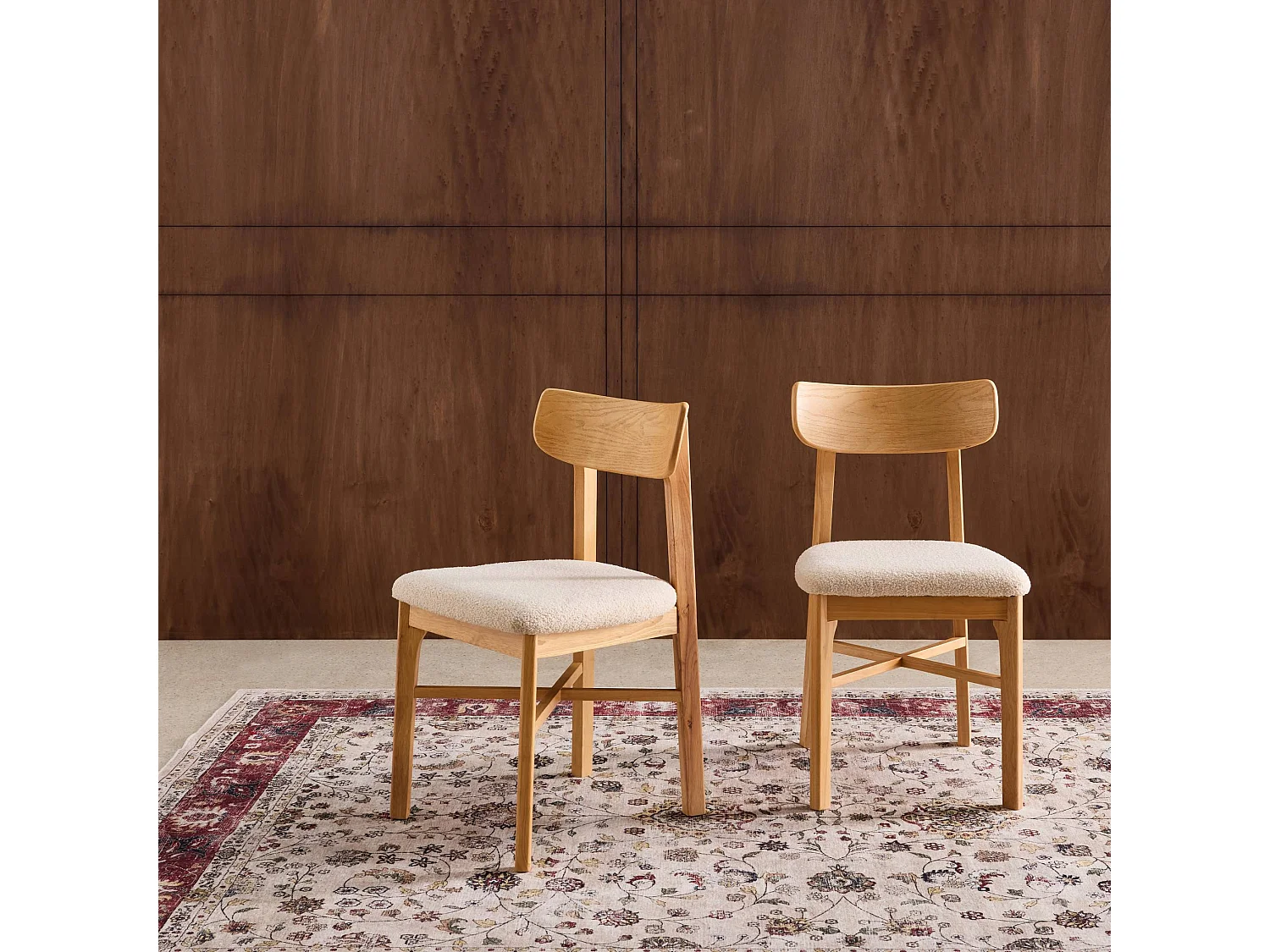 Lot de 2 chaises vintage bois d'hévéa et bouclette naturel - Théa