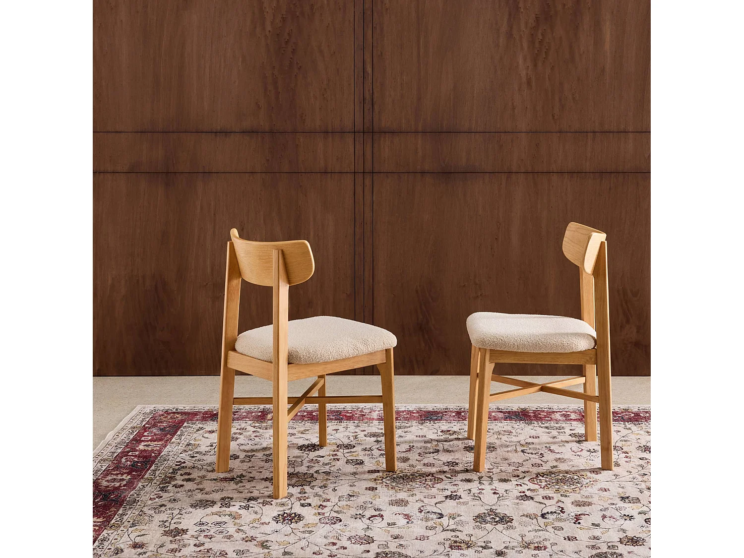Lot de 2 chaises vintage bois d'hévéa et bouclette naturel - Théa