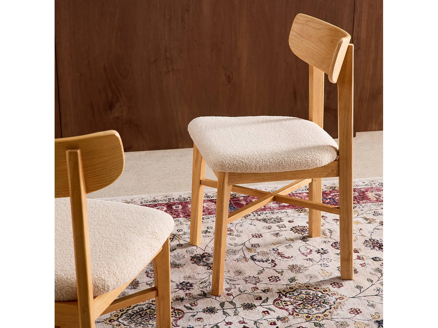 Lot de 2 chaises vintage bois d'hévéa et bouclette naturel - Théa