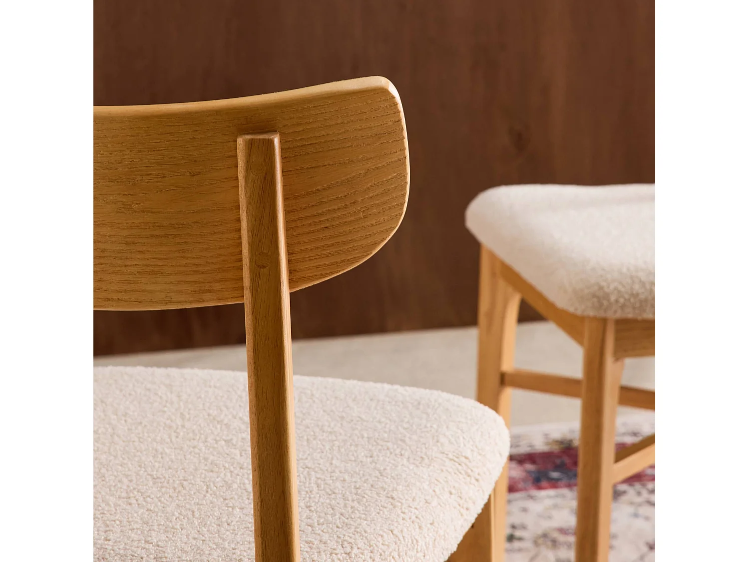 Lot de 2 chaises vintage bois d'hévéa et bouclette naturel - Théa