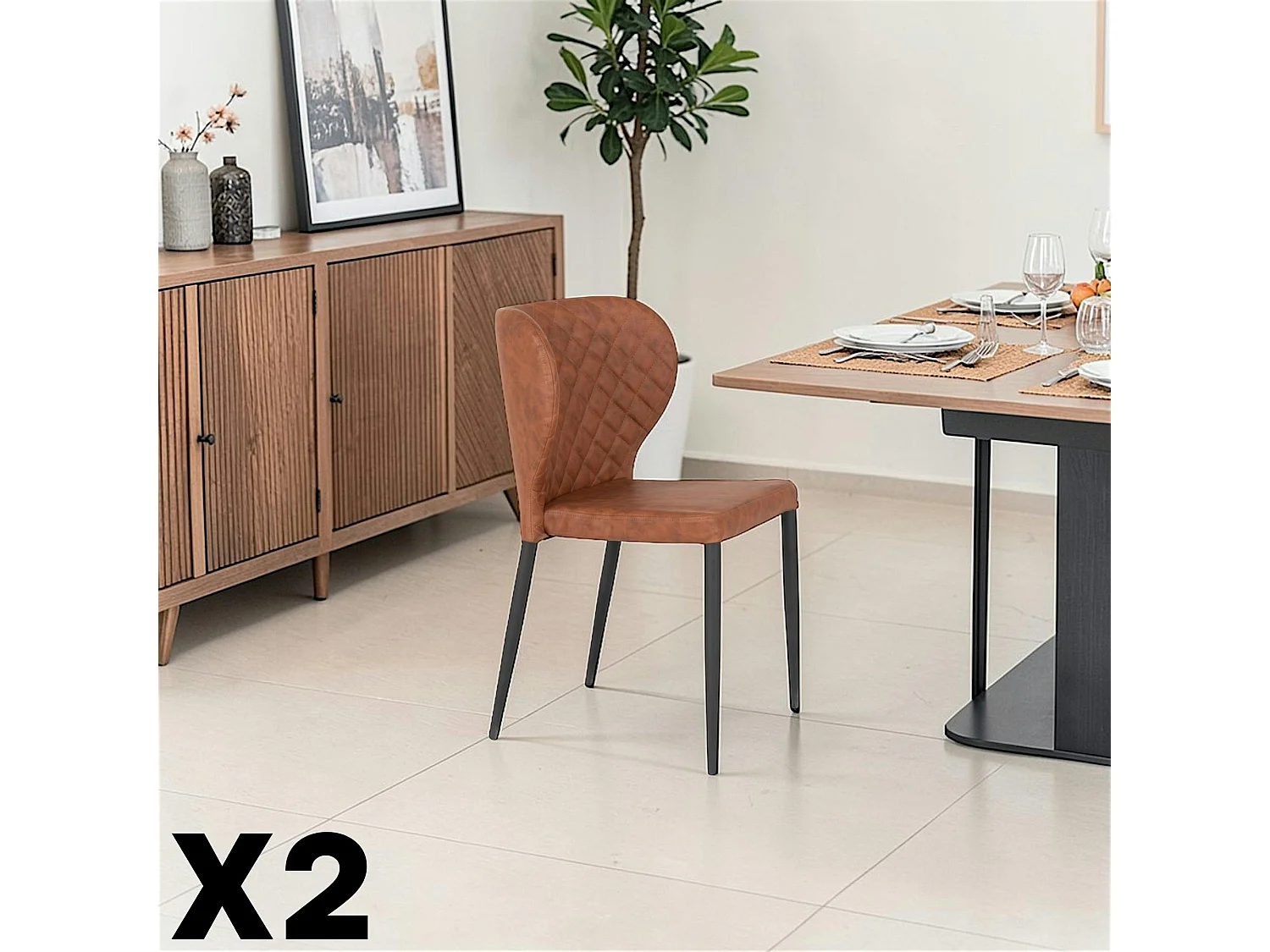 Chaise marron vintage à surpiqûres (lot de 2) TORANO