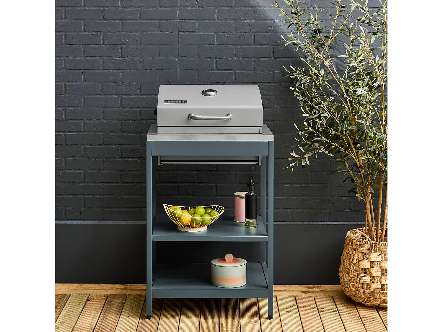 Barbacoa de carbón, 2 estantes azul gris