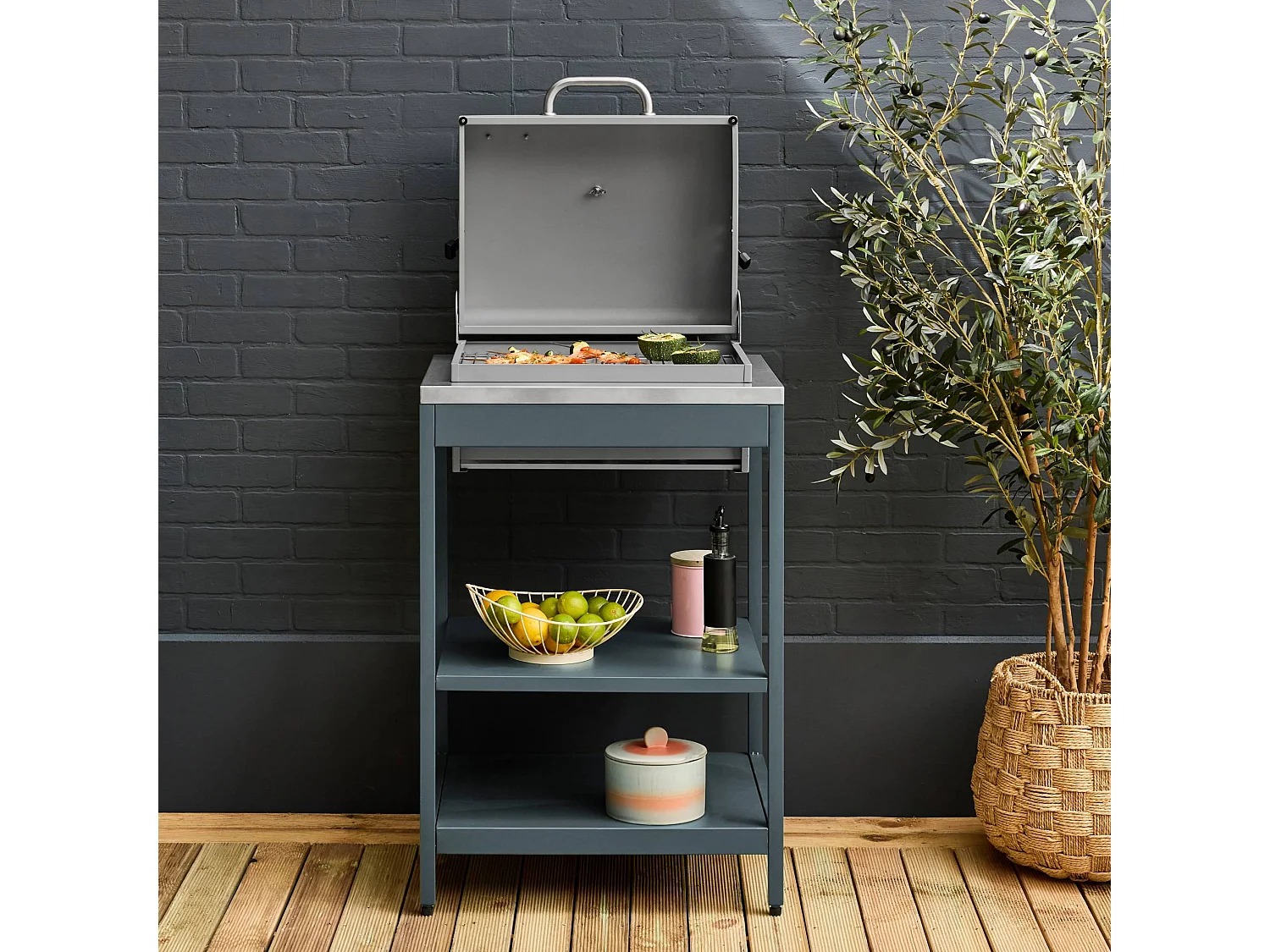Barbacoa de carbón, 2 estantes azul gris
