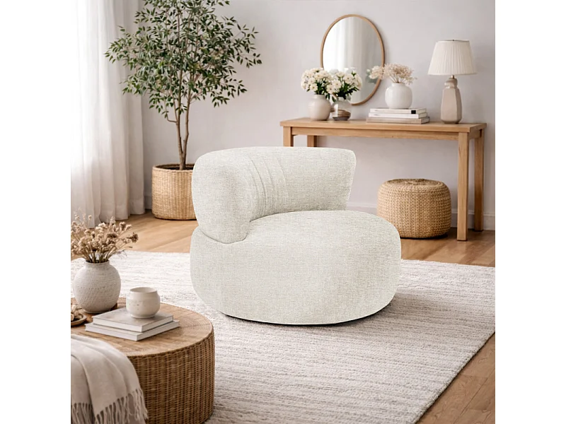 Fauteuil pivotant 360° en tissu chiné écru et pied en métal - TALIA