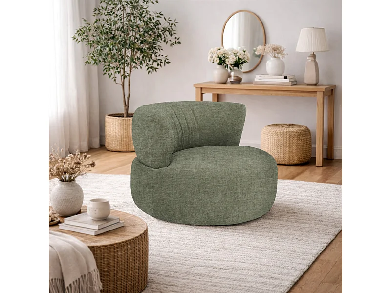 Fauteuil pivotant 360° en tissu chiné vert et pied en métal - TALIA