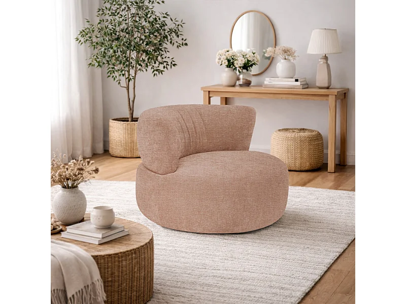Fauteuil rond pivotant 360° en tissu chiné bois de rose - TALIA