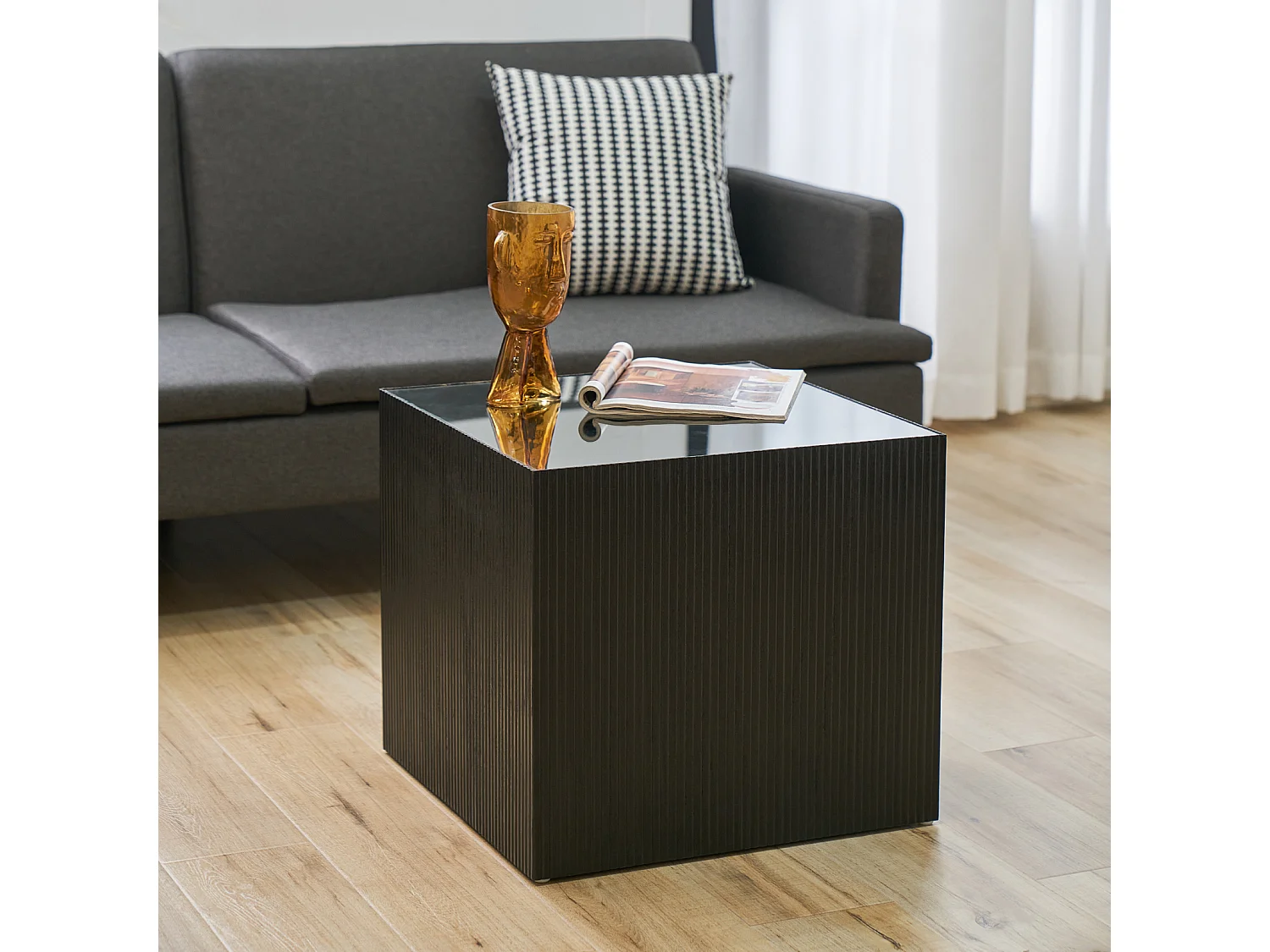 Table d'appoint SVITA EVA table de salon carrée 50x50 cm aspect rotin bois de paulownia noir/noir