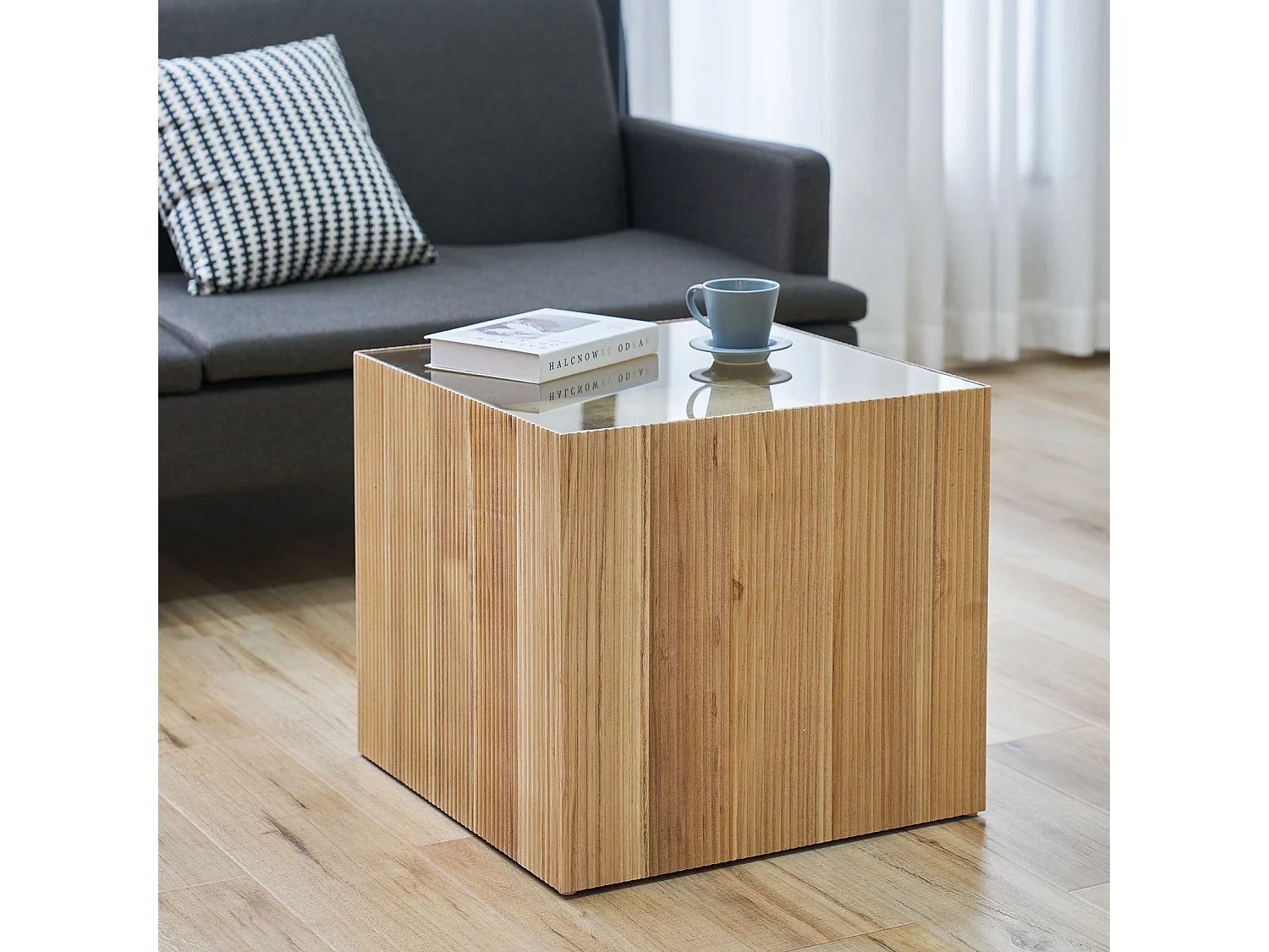 Table d'appoint SVITA EVA table de salon carrée 50x50 cm aspect rotin bois de paulownia naturel