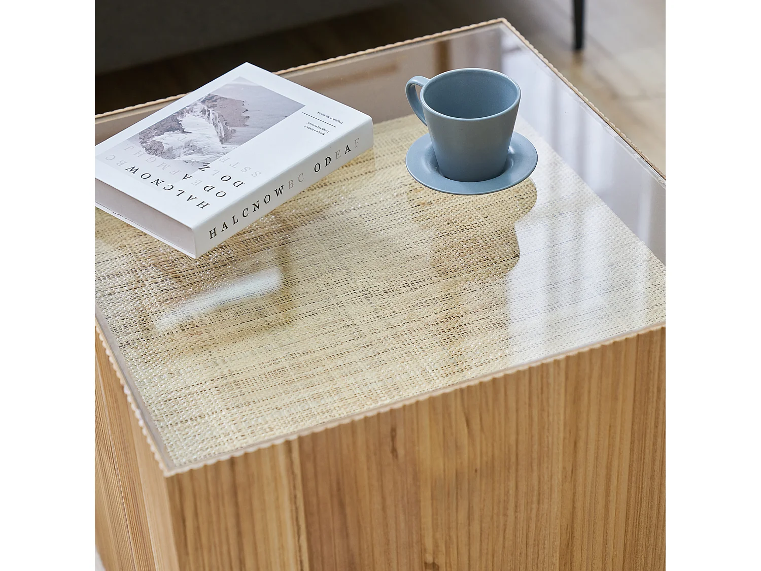Table d'appoint SVITA EVA table de salon carrée 50x50 cm aspect rotin bois de paulownia naturel