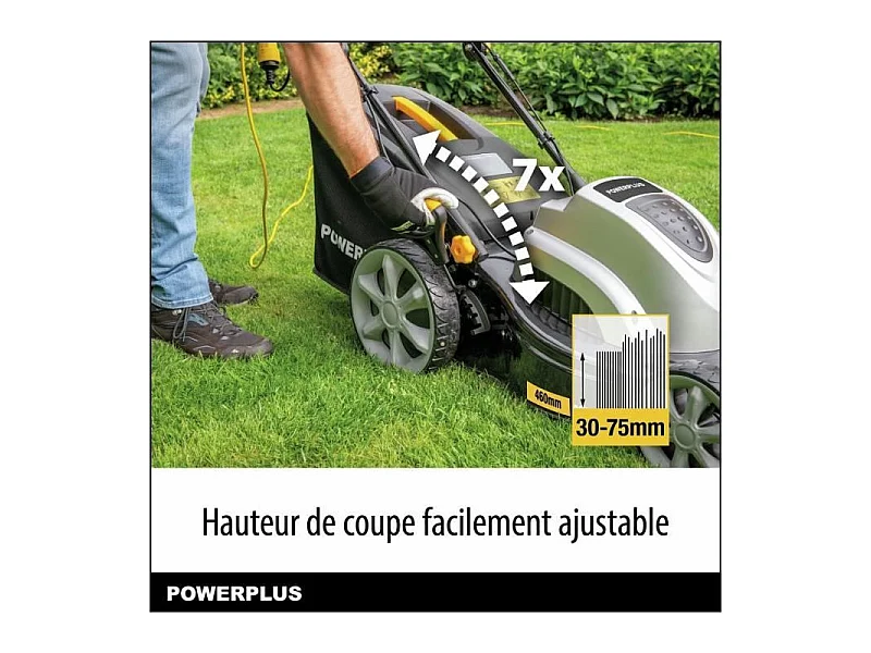 Tondeuse a gazon électrique - POWERPLUS - POWPG6290 - 1800 W - 460 mm Ø - Avec ramassage, mulching et éjection Arriere