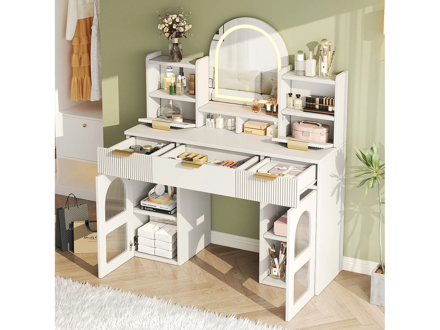 Coiffeuse avec miroir 120x40x139.5cm - avec LED réglable - avec 2 tiroirs et 2 portes vitrées - étagères ouvertes - Blanc
