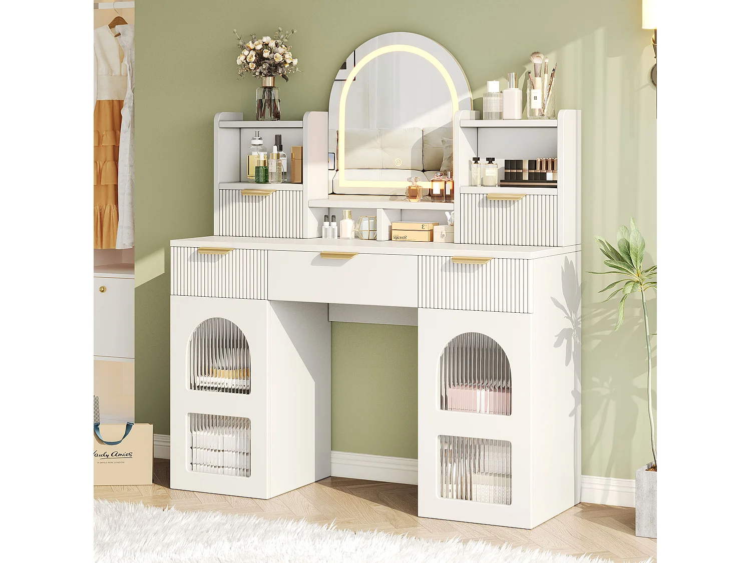 Coiffeuse avec miroir 120x40x139.5cm - avec LED réglable - avec 2 tiroirs et 2 portes vitrées - étagères ouvertes - Blanc