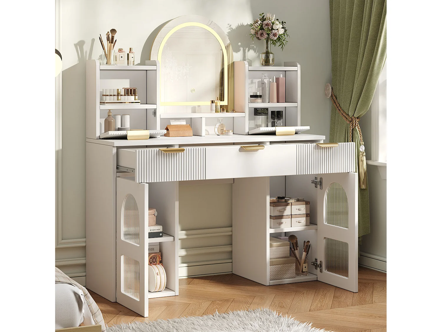Coiffeuse avec miroir 120x40x139.5cm - avec LED réglable - avec 2 tiroirs et 2 portes vitrées - étagères ouvertes - Blanc