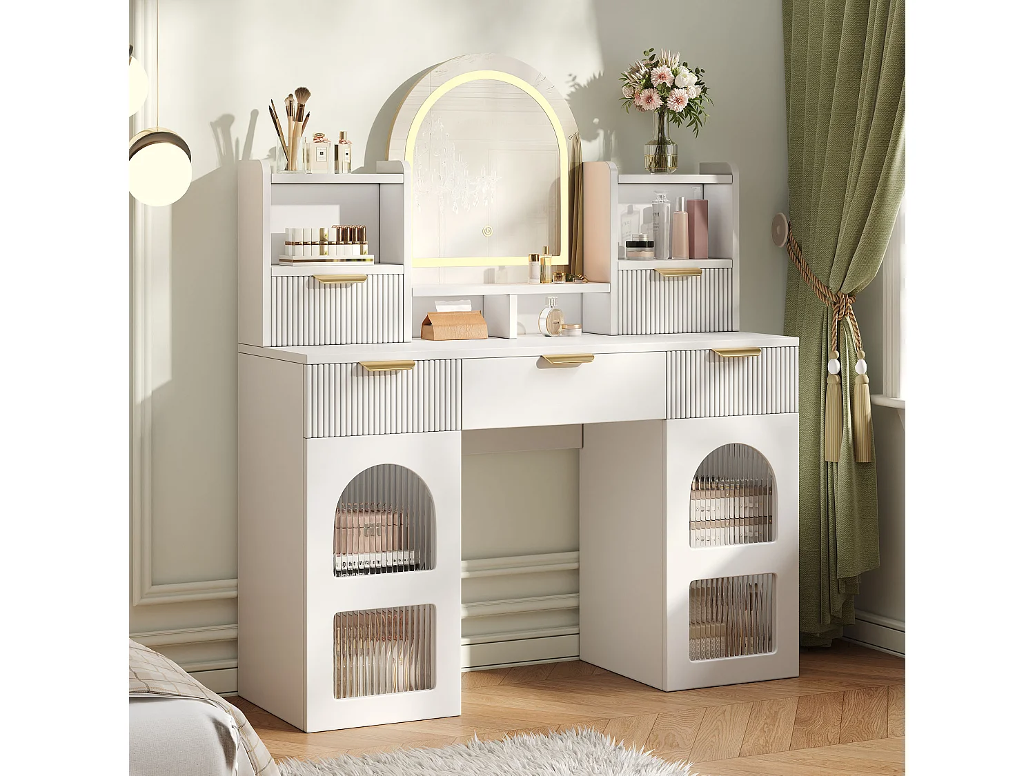 Coiffeuse avec miroir 120x40x139.5cm - avec LED réglable - avec 2 tiroirs et 2 portes vitrées - étagères ouvertes - Blanc