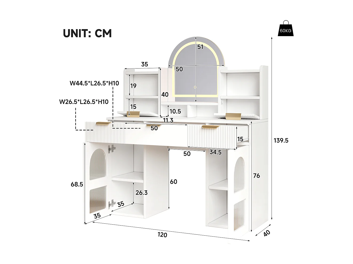 Coiffeuse avec miroir 120x40x139.5cm - avec LED réglable - avec 2 tiroirs et 2 portes vitrées - étagères ouvertes - Blanc