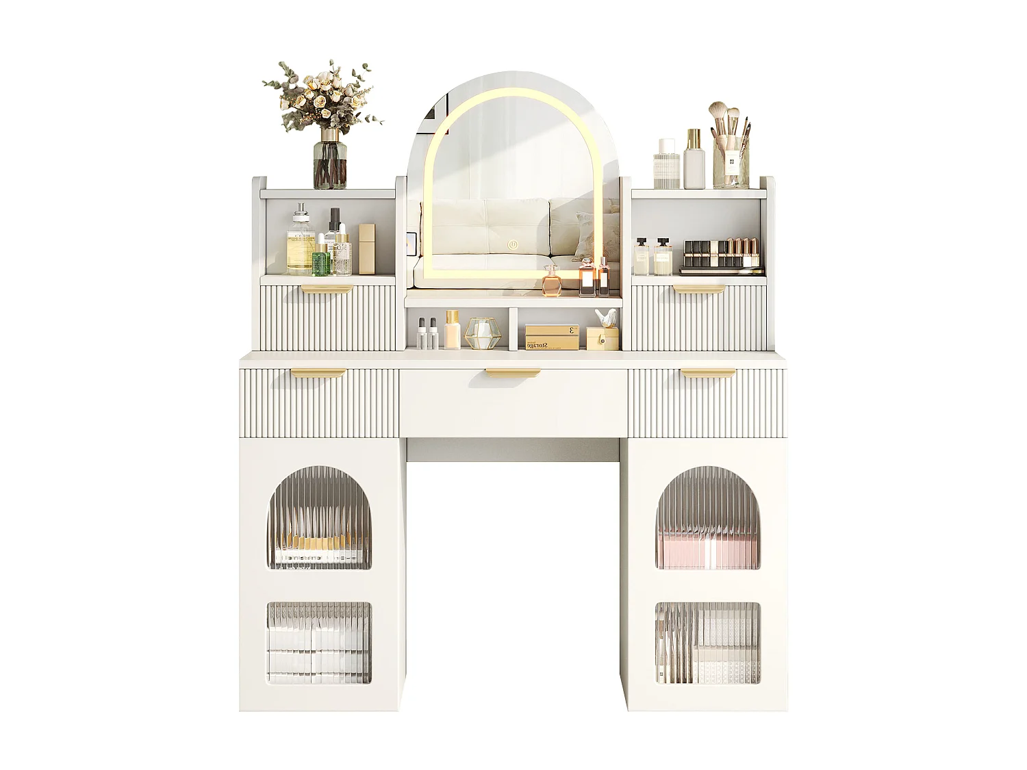 Coiffeuse avec miroir 120x40x139.5cm - avec LED réglable - avec 2 tiroirs et 2 portes vitrées - étagères ouvertes - Blanc