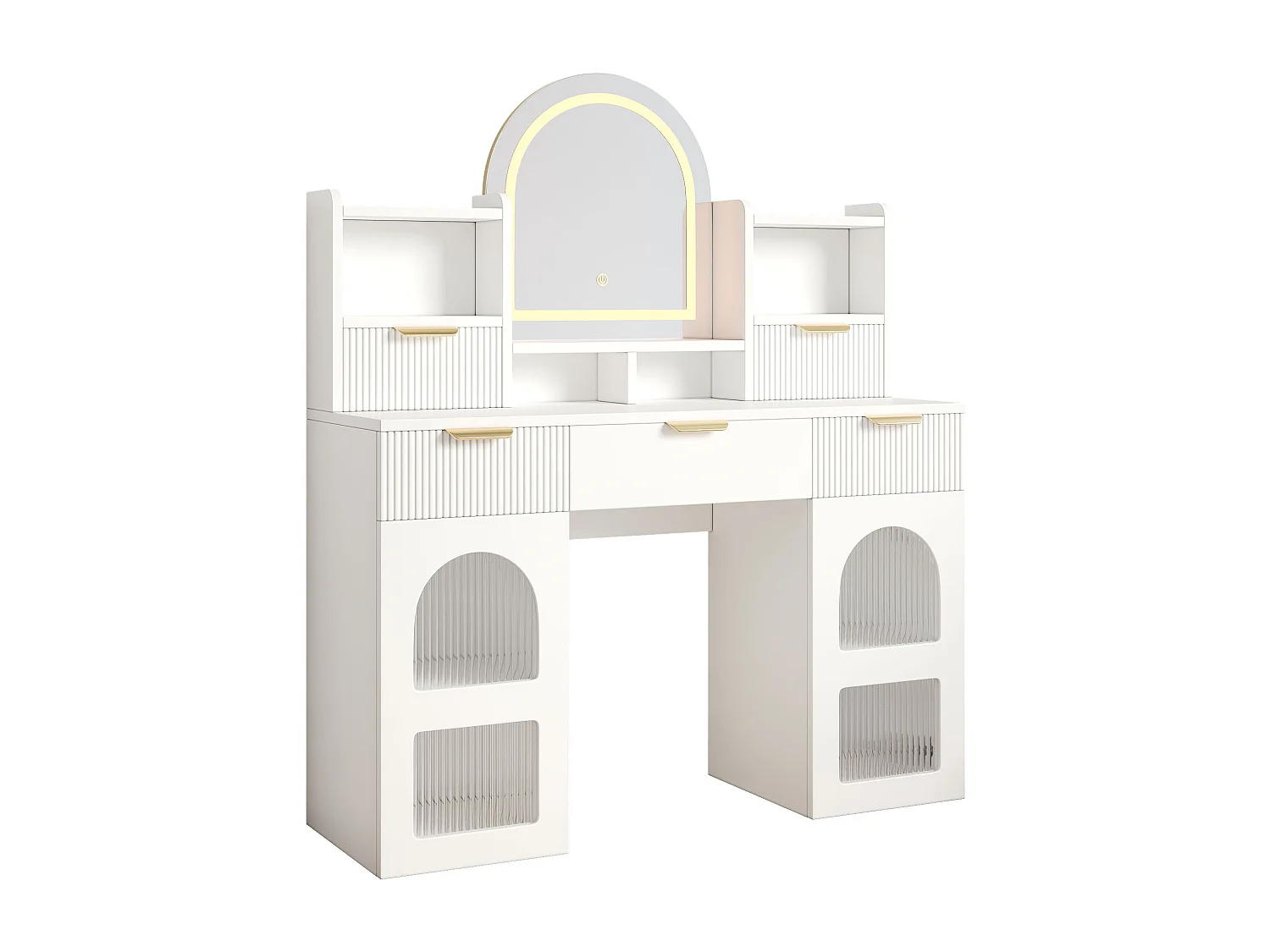 Coiffeuse avec miroir 120x40x139.5cm - avec LED réglable - avec 2 tiroirs et 2 portes vitrées - étagères ouvertes - Blanc