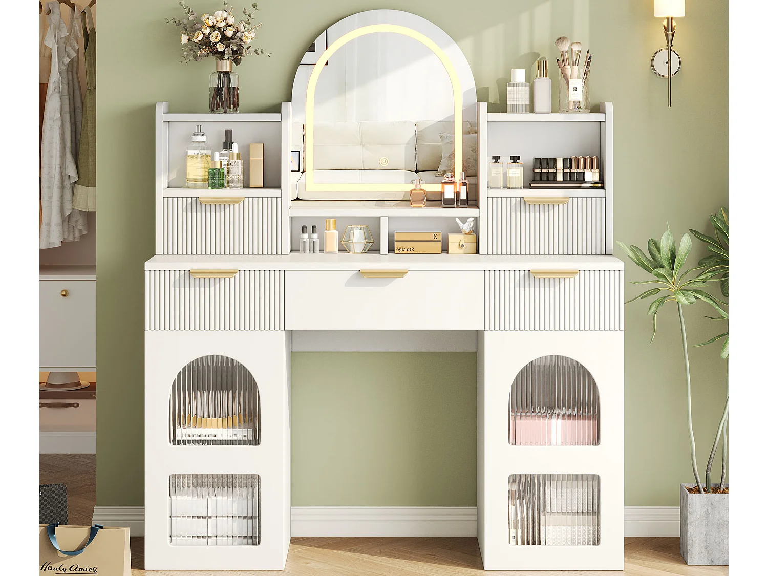 Coiffeuse avec miroir 120x40x139.5cm - avec LED réglable - avec 2 tiroirs et 2 portes vitrées - étagères ouvertes - Blanc