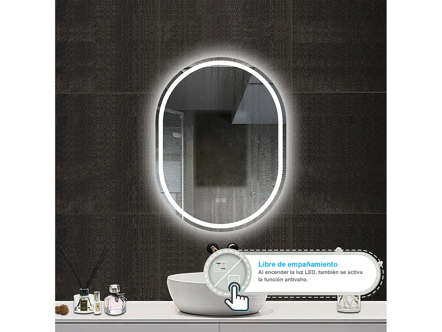 AICA Espelho de Banho LED 3 Cores com Antiembaçante,Bluetooth,Regulagem Contínua e Memória,60×80cm