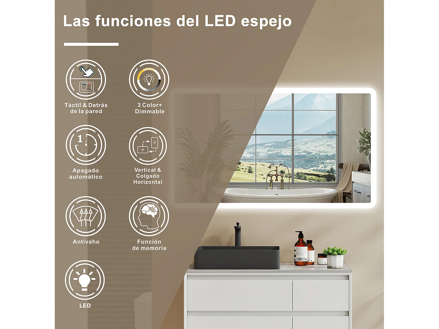 AICA Espelho de Banho Inteligente LED 3 Cores 120×70cm,Antiembaçante,Bluetooth,Regulagem Contínua e Memória de Configuração