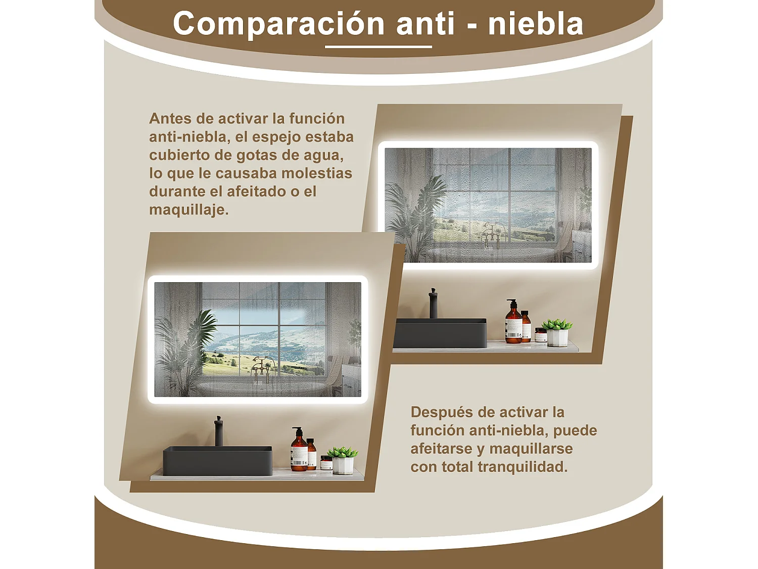 AICA Espelho de Banho Inteligente LED 3 Cores 120×70cm,Antiembaçante,Bluetooth,Regulagem Contínua e Memória de Configuração