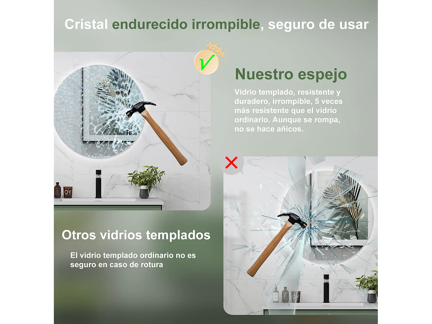 AICA Espelho de Banho com LED Branco,80×80cm,Antiembaçante,Regulagem Contínua e Memória de Luz