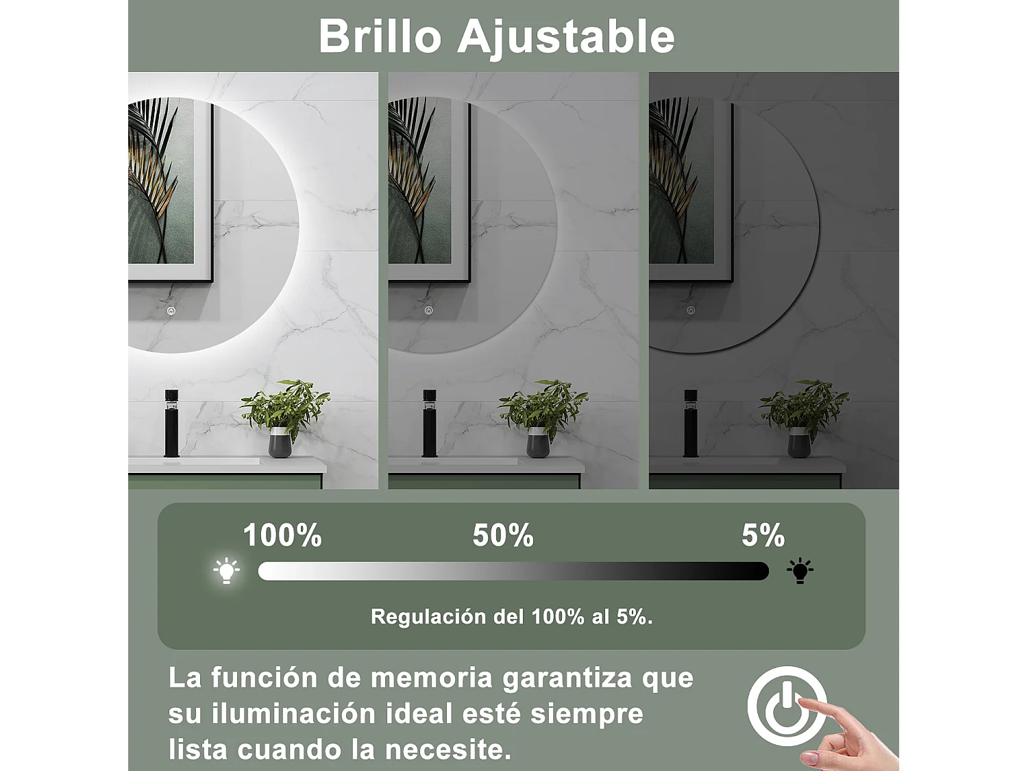 AICA Espelho de Banho com LED Branco,60×60cm,Antiembaçante,Regulagem Contínua e Memória de Luz