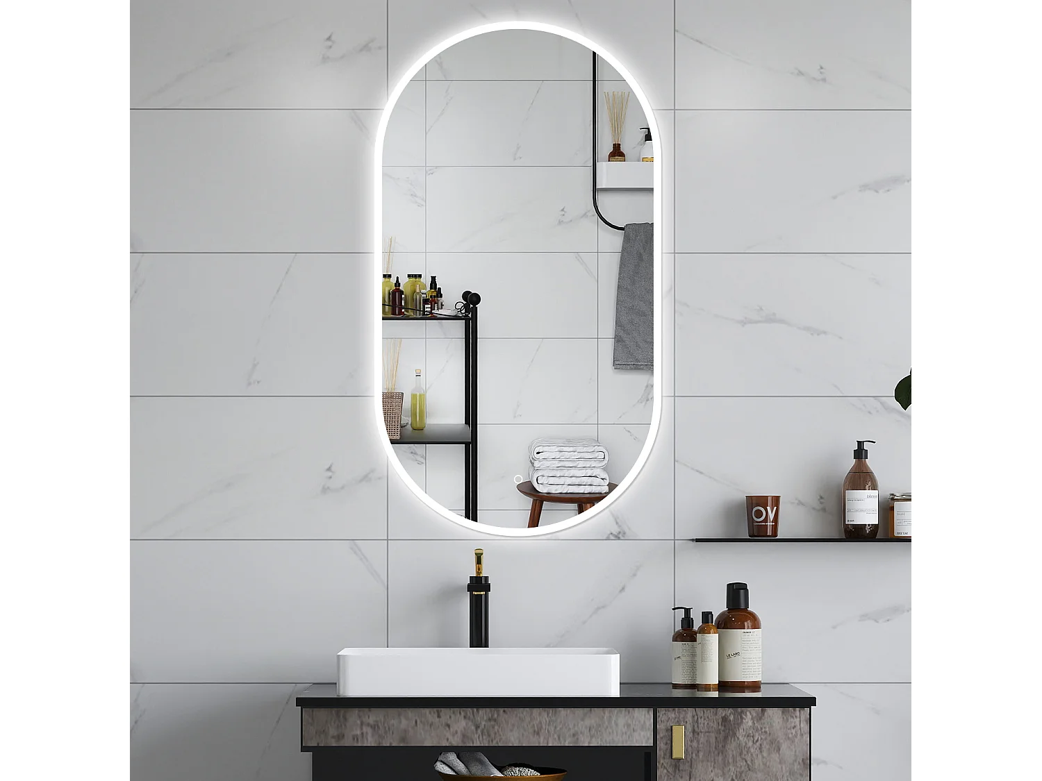 AICA Espelho de Banho com LED Branco,45×90cm,Antiembaçante,Regulagem Contínua e Memória