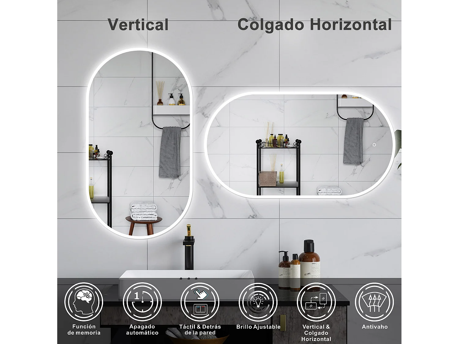 AICA Espelho de Banho com LED Branco,45×90cm,Antiembaçante,Regulagem Contínua e Memória