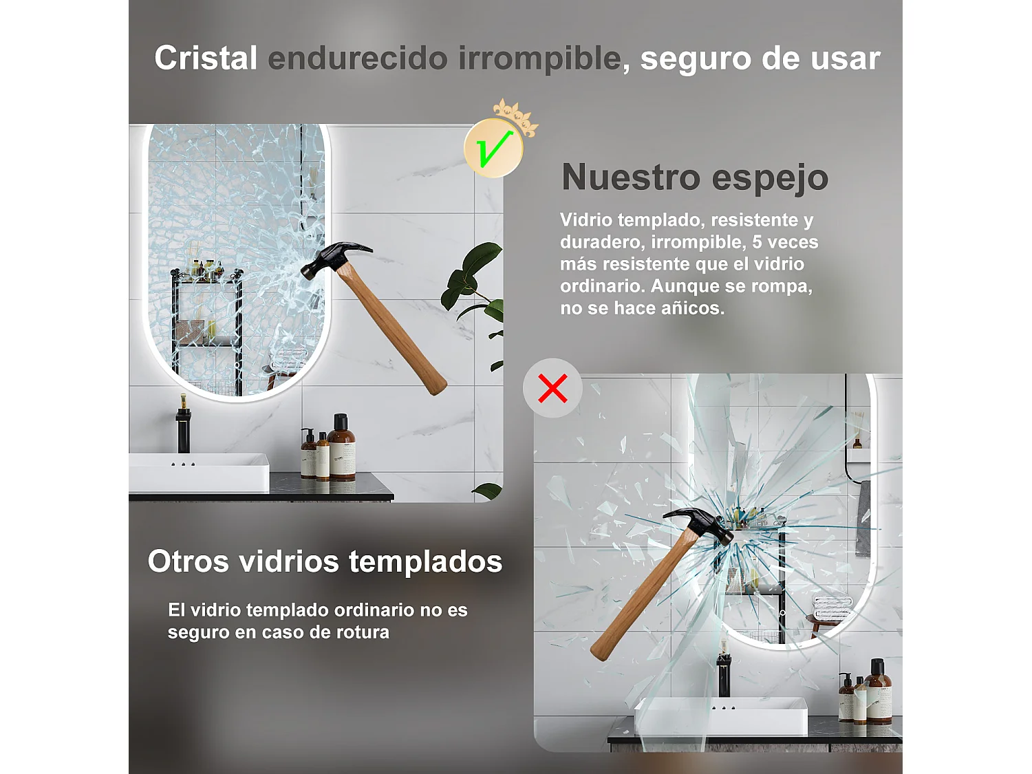 AICA Espelho de Banho com LED Branco,45×90cm,Antiembaçante,Regulagem Contínua e Memória