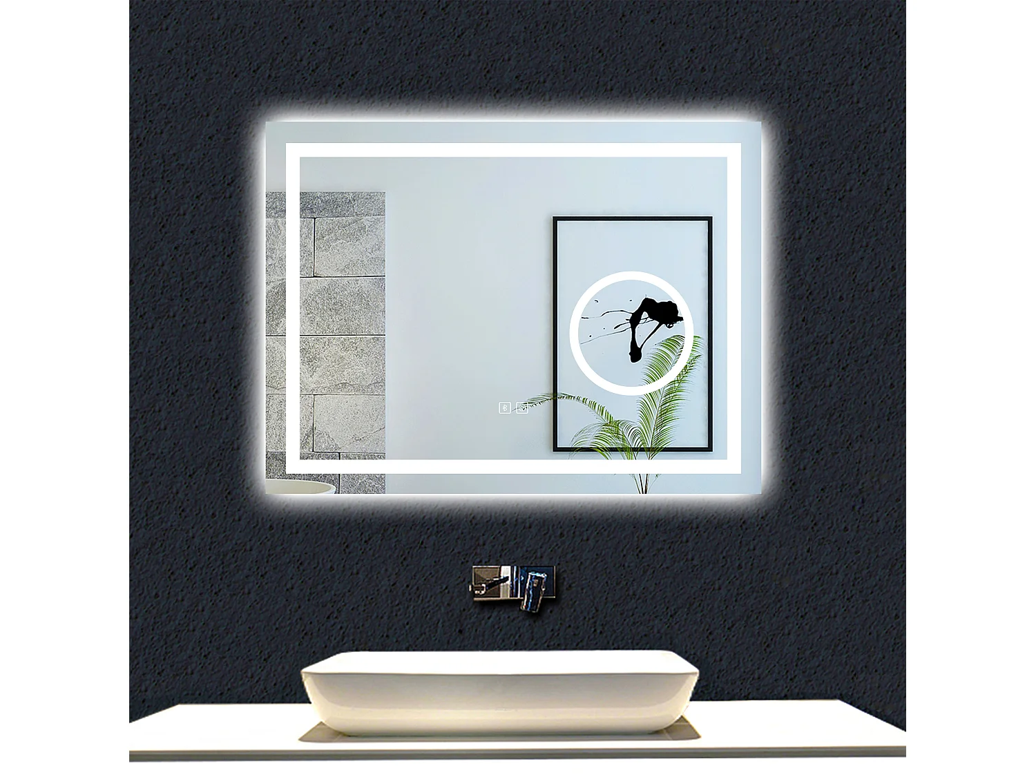 AICA Espelho de Banho LED 3 Cores,80×60cm,Antiembaçante,Bluetooth,Lupa,Dimmer Infinito e Memória de Energia