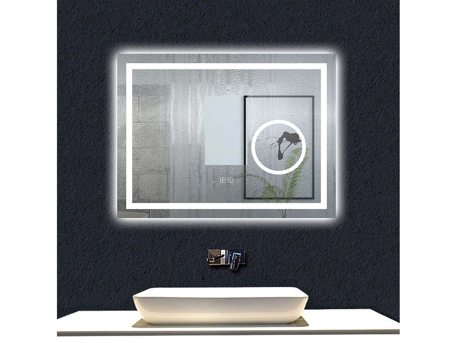 AICA Espelho de Banho LED 3 Cores,80×60cm,Antiembaçante,Bluetooth,Lupa,Dimmer Infinito e Memória de Energia