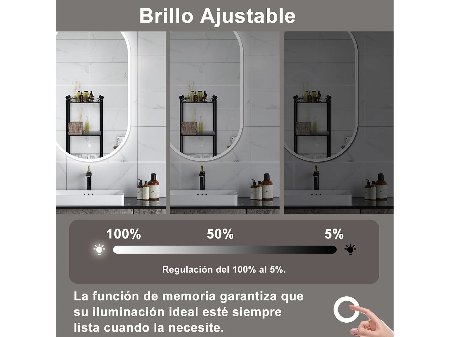 AICA Espelho de Banho com LED Branco,45×75cm,Antiembaçante,Regulagem Contínua e Memória