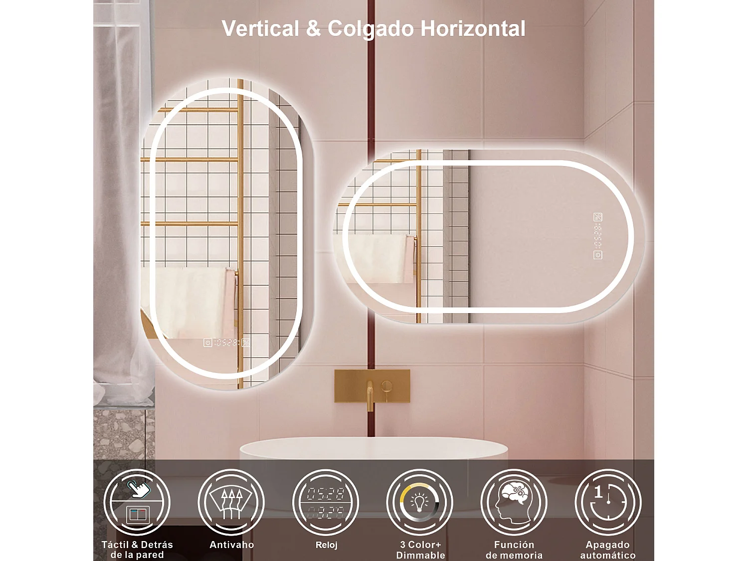 AICA Espelho de Banho LED 3 Cores,Antiembaçante,Regulagem Contínua e Memória de Luz,50×70cm