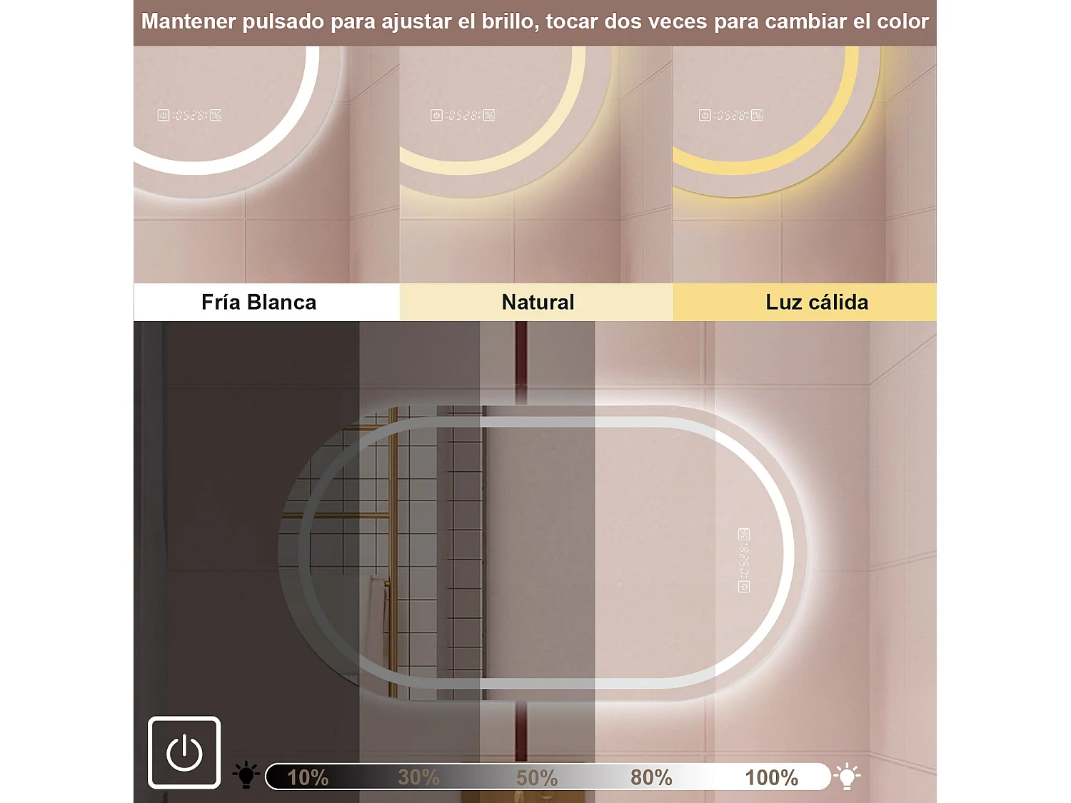 AICA Espelho de Banho LED 3 Cores,Antiembaçante,Regulagem Contínua e Memória de Luz,50×70cm